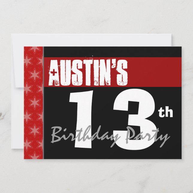 13th Birthday Modern For Him Red White Black X200 Invitation (Front)