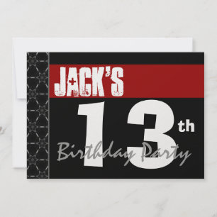 13th Birthday Modern Red White Black Metallic Invitation