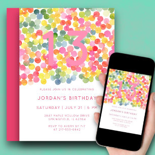 13th Birthday Modern Watercolor Bold Cute Pink Invitation