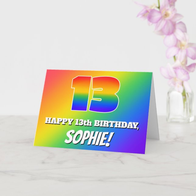 13th Birthday: Multicolored Rainbow Pattern # 13 Card (Orchid)