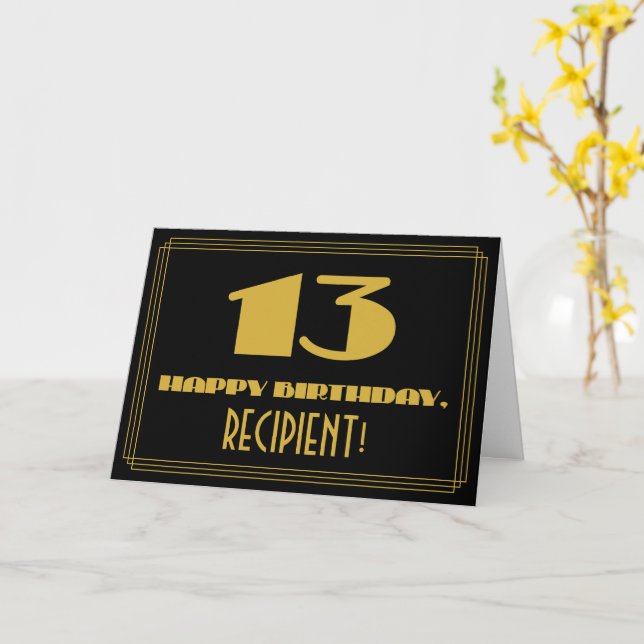 13th Birthday: Name + Art Deco Inspired Look "13" Card (Yellow Flower)