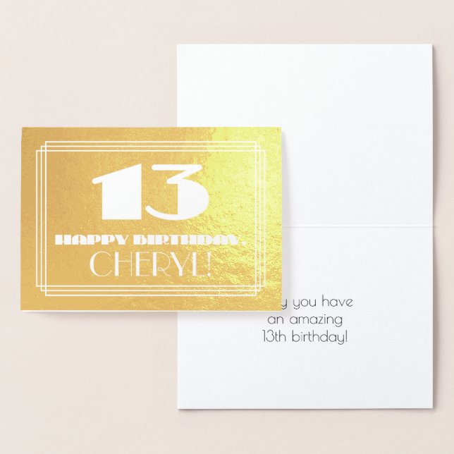 13th Birthday: Name + Art Deco Inspired Look "13" Foil Card (Display)