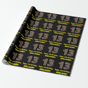 13th Birthday: Name & Faux Wood Grain Pattern "13" Wrapping Paper