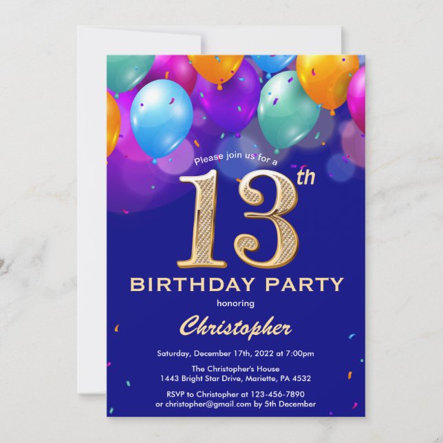 13th Birthday Navy Blue and Gold Colourful Balloon Invitation (Front)