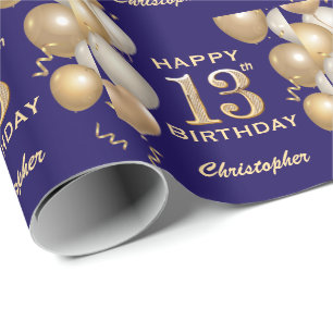 13th Birthday Navy Blue and Gold Glitter Balloons Wrapping Paper