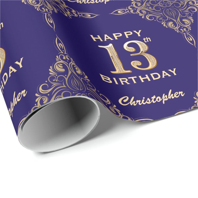 13th Birthday Navy Blue and Gold Glitter Frame Wrapping Paper (Roll Corner)