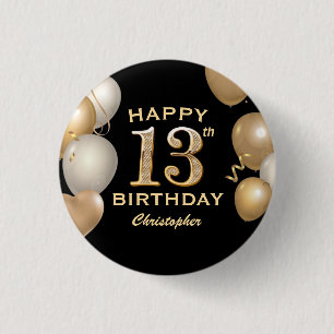 13th Birthday Party Black and Gold Balloons 3 Cm Round Badge