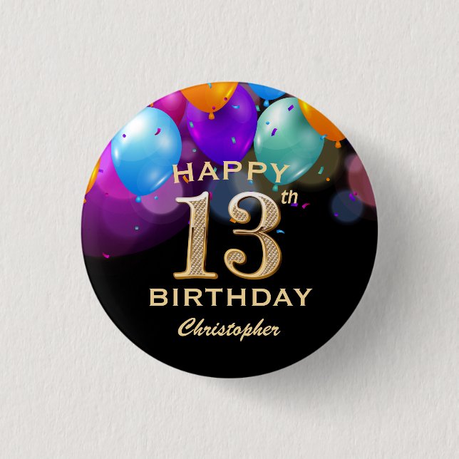 13th Birthday Party Black and Gold Balloons 3 Cm Round Badge (Front)
