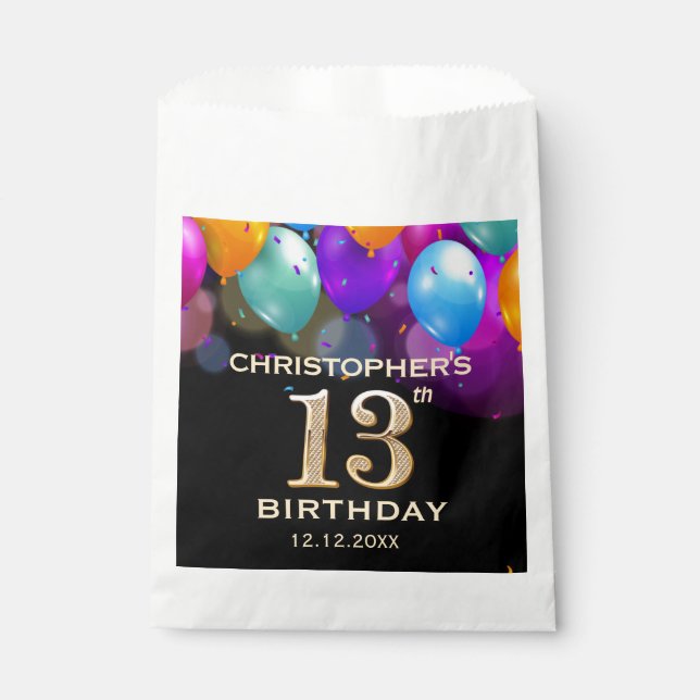 13th Birthday Party Black and Gold Balloons Favour Bags (Front)