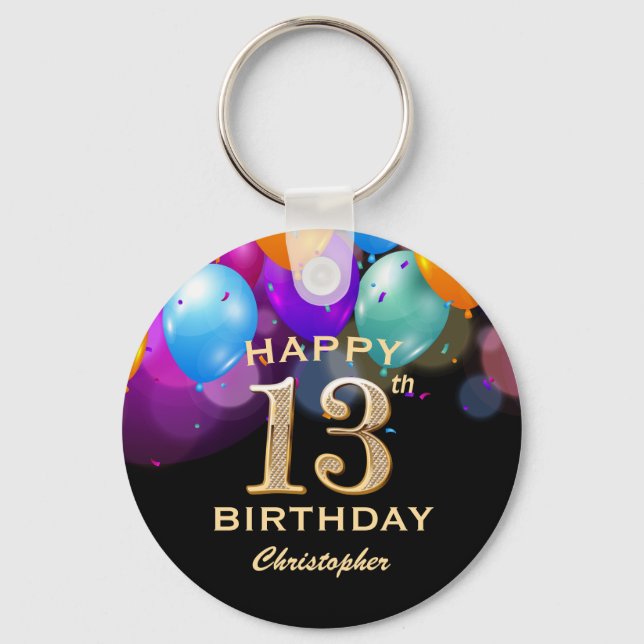 13th Birthday Party Black and Gold Balloons Key Ring (Front)