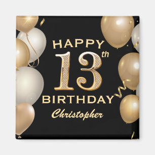 13th Birthday Party Black and Gold Balloons Magnet