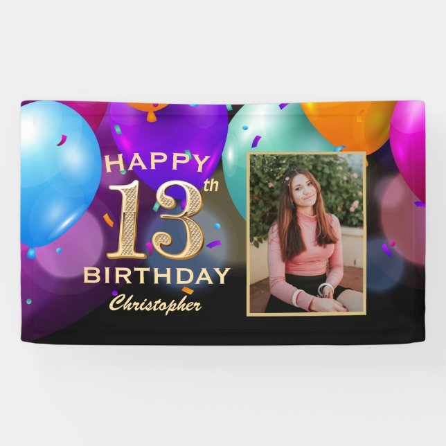 13th Birthday Party Black and Gold Balloons Photo Banner (Horizontal)