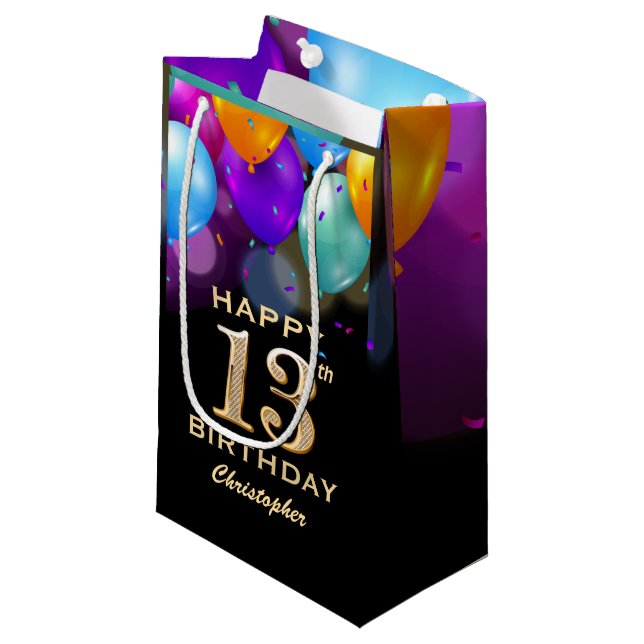 13th Birthday Party Black and Gold Balloons Small Gift Bag (Front Angled)