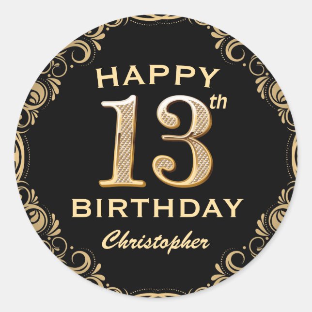 13th Birthday Party Black and Gold Glitter Frame Classic Round Sticker (Front)