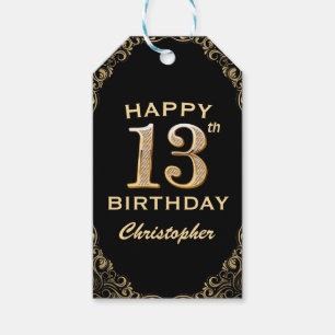 13th Birthday Party Black and Gold Glitter Frame Gift Tags
