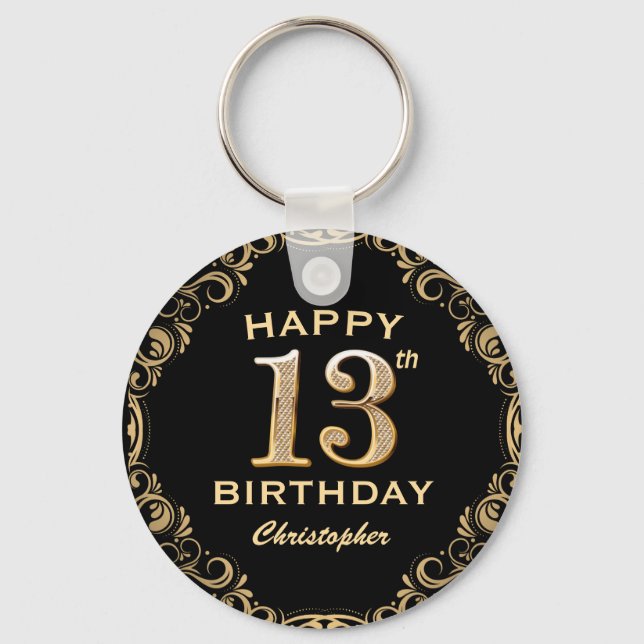 13th Birthday Party Black and Gold Glitter Frame Key Ring (Front)
