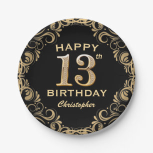 13th Birthday Party Black and Gold Glitter Frame Paper Plate