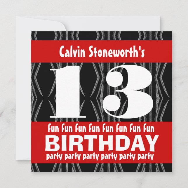 13th Birthday Party Black Red White Contemporary Invitation (Front)