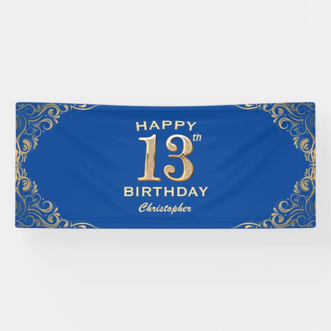 13th Birthday Party Blue and Gold Glitter Frame Banner (Horizontal)