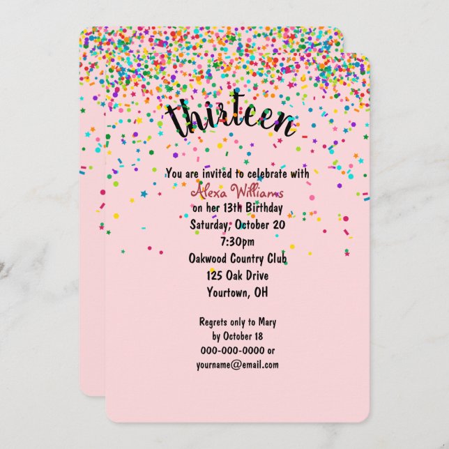 13th Birthday Party confetti Invitation (Front/Back)