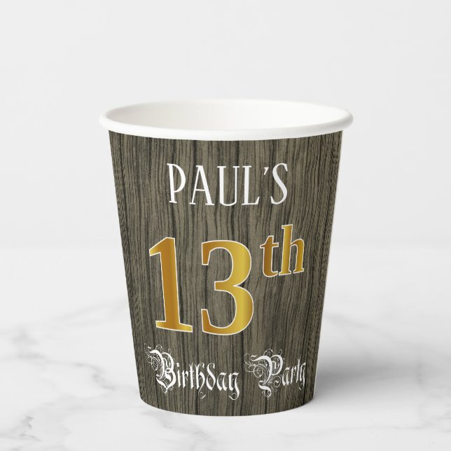 13th Birthday Party — Faux Gold & Faux Wood Looks Paper Cups (Back)