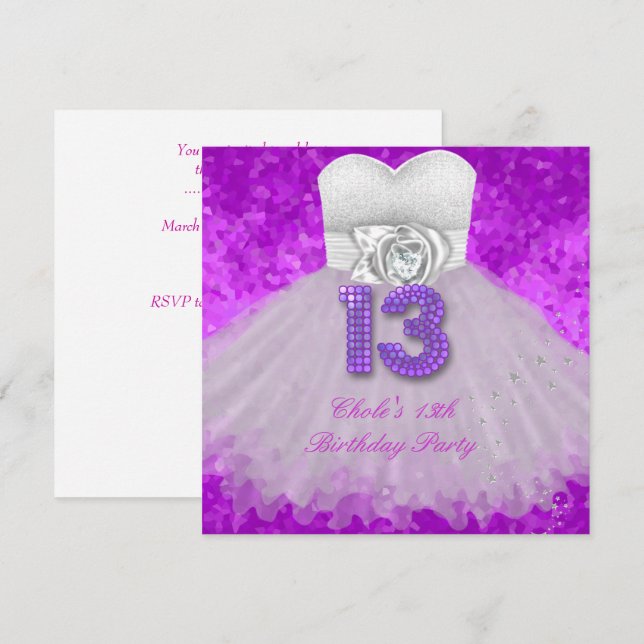 13th Birthday Party Girls Purple Invitation (Front/Back)