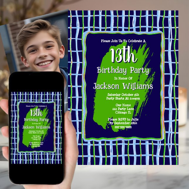 13th Birthday Party Hand Drawn Unique Blue Green Invitation (Creator Uploaded)