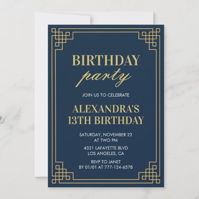 13th Birthday Party Invitation Girl Navy Gold (Front)