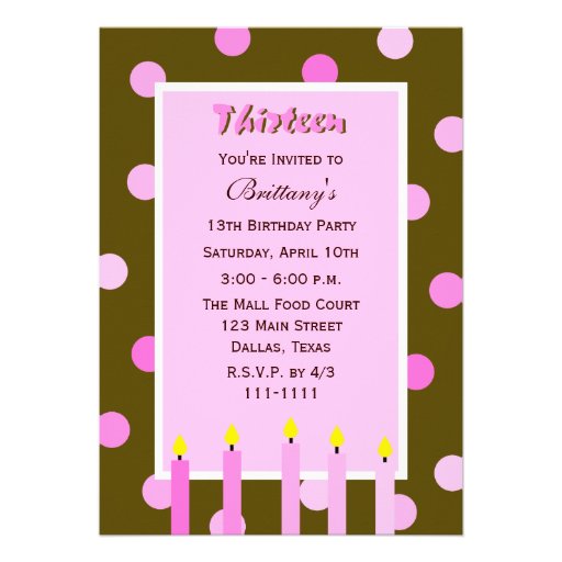 13th Birthday Party Invitation -- Pink Polka Dots 13 Cm X 18 Cm ...