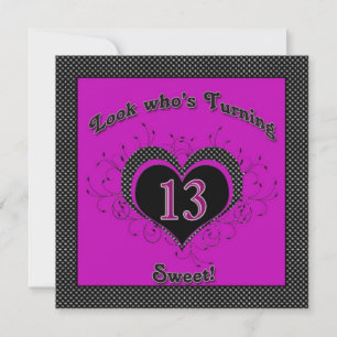 13th Birthday Party Invitation, Purple/Black, Girl Invitation