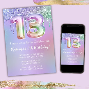 13th Birthday Party Invitation Purple Pink Glitter