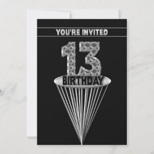 13TH Birthday Party Invitation - Silver and Black,