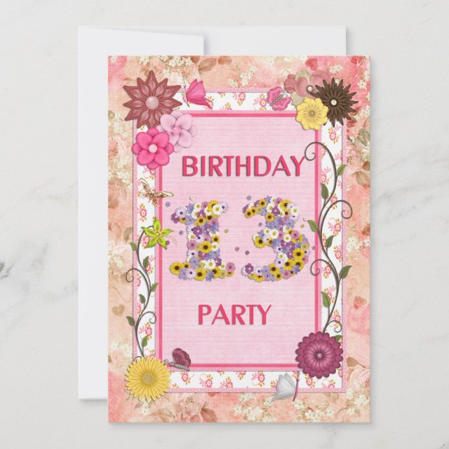 13th birthday party invitation with floral frame (Front)