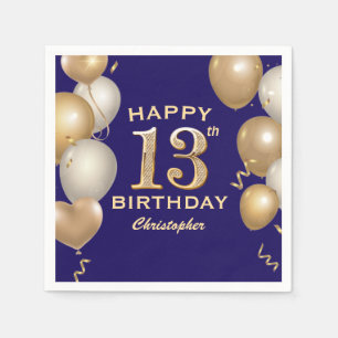 13th Birthday Party Navy Blue and Gold Balloons Napkin