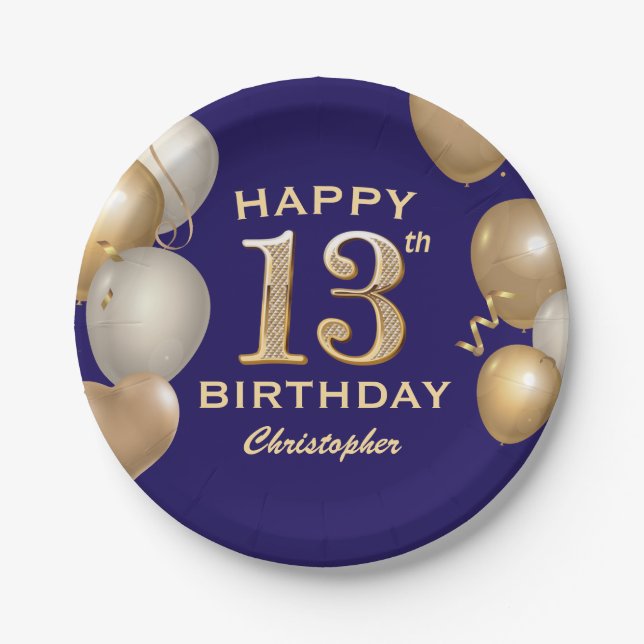 13th Birthday Party Navy Blue and Gold Balloons Paper Plate (Front)