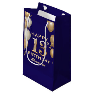 13th Birthday Party Navy Blue and Gold Balloons Small Gift Bag
