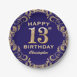 13th Birthday Party Navy Blue and Gold Glitter Paper Plate