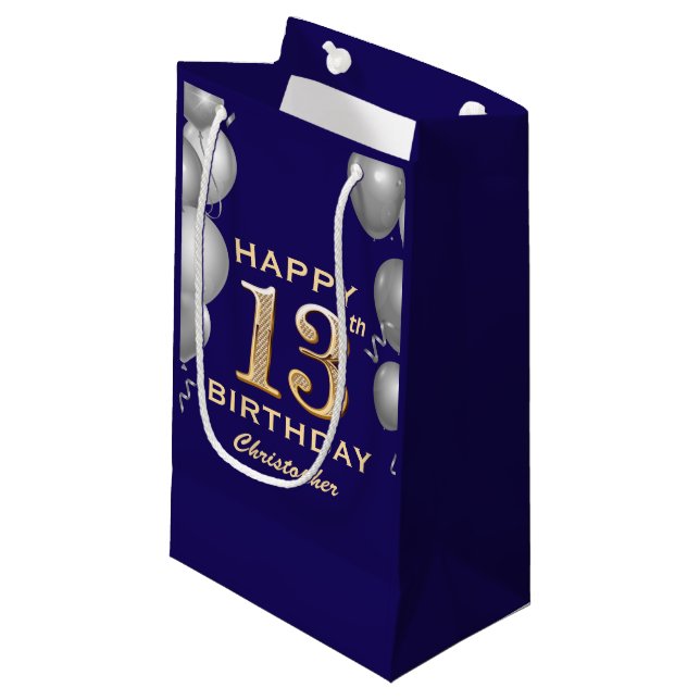 13th Birthday Party Navy Blue Gold Silver Balloons Small Gift Bag (Front Angled)
