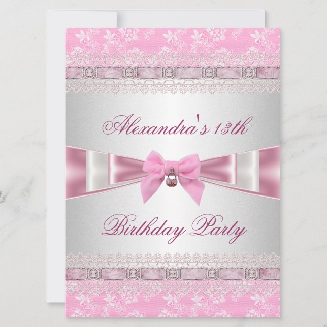 13th Birthday Party Pink White Floral  Damask Invitation (Front)