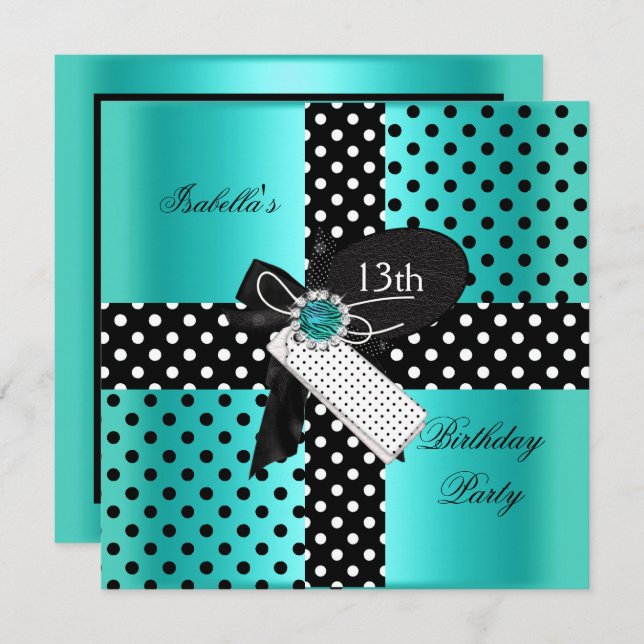 13th Birthday Party Polka Dots Teal Blue Invitation (Front/Back)