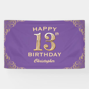 13th Birthday Party Purple and Gold Glitter Frame Banner