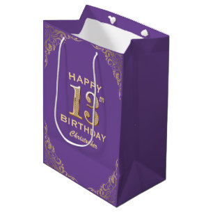 13th Birthday Party Purple and Gold Glitter Frame Medium Gift Bag