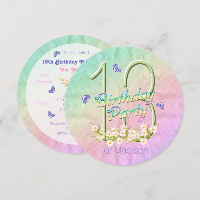 13th Birthday Party Rainbow Butterflies Invitation (Front/Back)