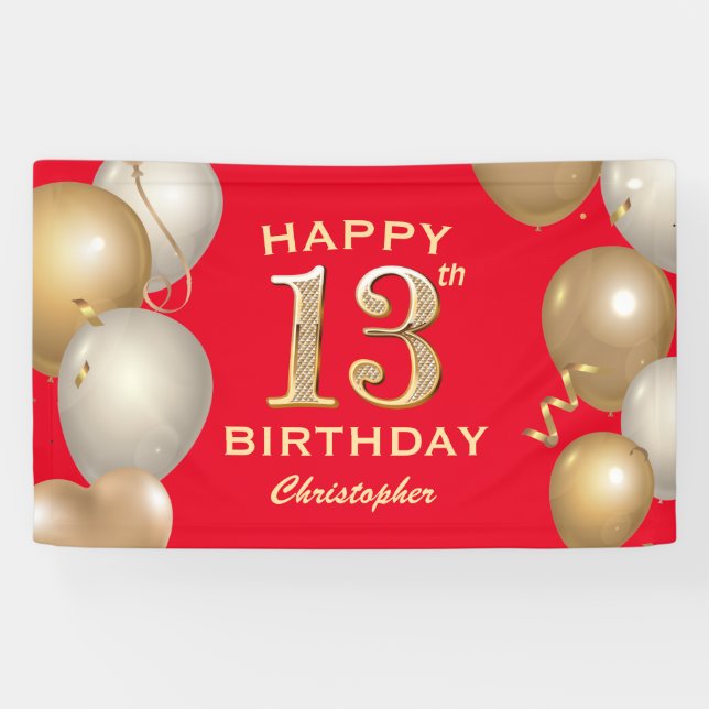 13th Birthday Party Red and Gold Balloons Banner (Horizontal)
