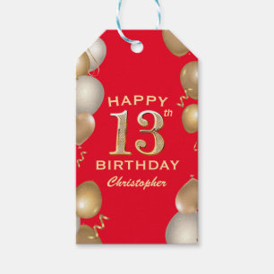 13th Birthday Party Red and Gold Balloons Gift Tags