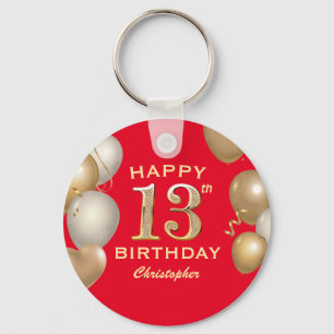 13th Birthday Party Red and Gold Balloons Key Ring