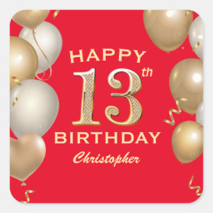 13th Birthday Party Red and Gold Balloons Square Sticker