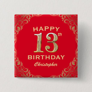13th Birthday Party Red and Gold Glitter Frame 15 Cm Square Badge