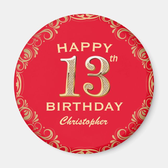 13th Birthday Party Red and Gold Glitter Frame Magnet (Front)