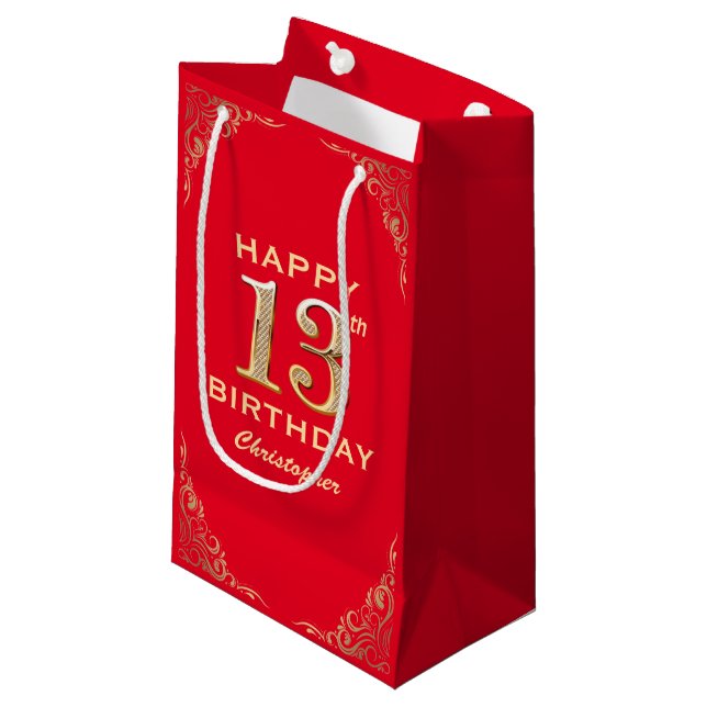 13th Birthday Party Red and Gold Glitter Frame Small Gift Bag (Front Angled)